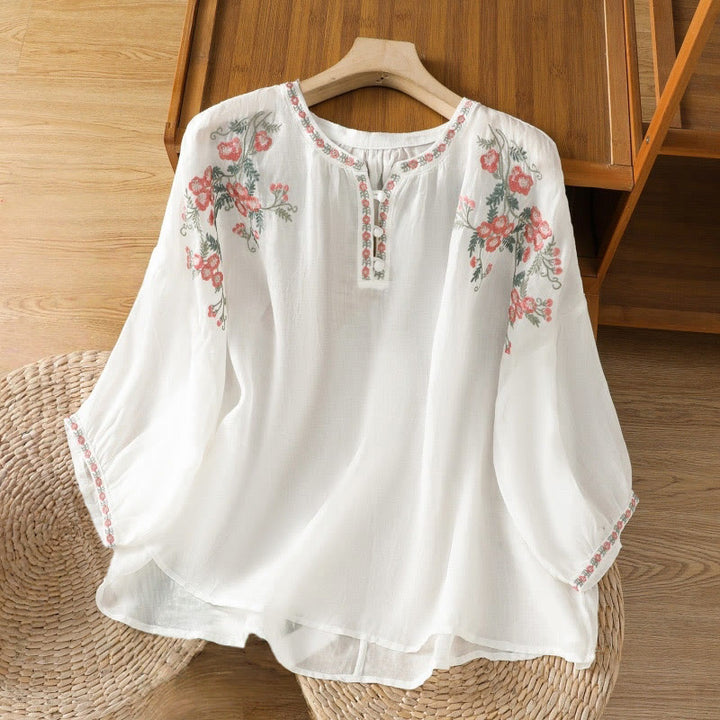 Buddha Stones Embroidery Button Three Quarter Sleeve Notched Neck Women's Cotton Shirt - White - US12,UK/AU16,EU44 (2XL) - image 15