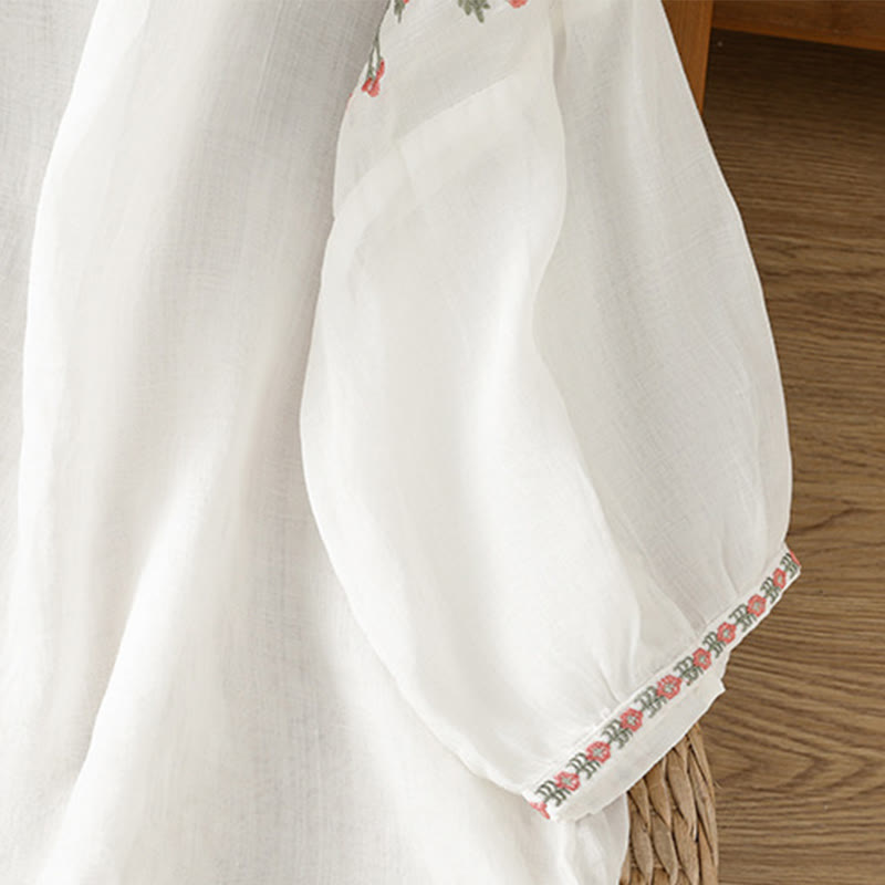 Buddha Stones Embroidery Button Three Quarter Sleeve Notched Neck Women's Cotton Shirt - image 22