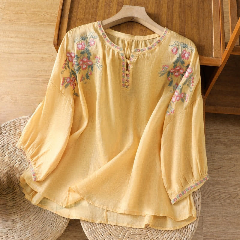 Buddha Stones Embroidery Button Three Quarter Sleeve Notched Neck Women's Cotton Shirt - Gold - US12,UK/AU16,EU44 (2XL) - image 0
