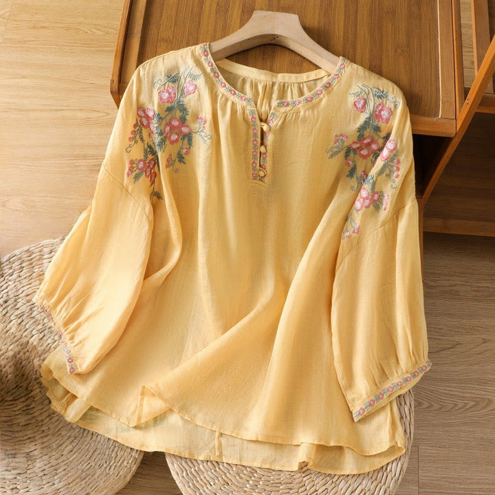Buddha Stones Embroidery Button Three Quarter Sleeve Notched Neck Women's Cotton Shirt - Gold - US12,UK/AU16,EU44 (2XL) - image 0