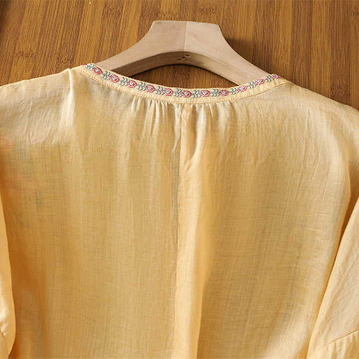 Buddha Stones Embroidery Button Three Quarter Sleeve Notched Neck Women's Cotton Shirt - image 3