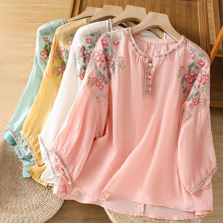 Buddha Stones Embroidery Button Three Quarter Sleeve Notched Neck Women's Cotton Shirt - image 30