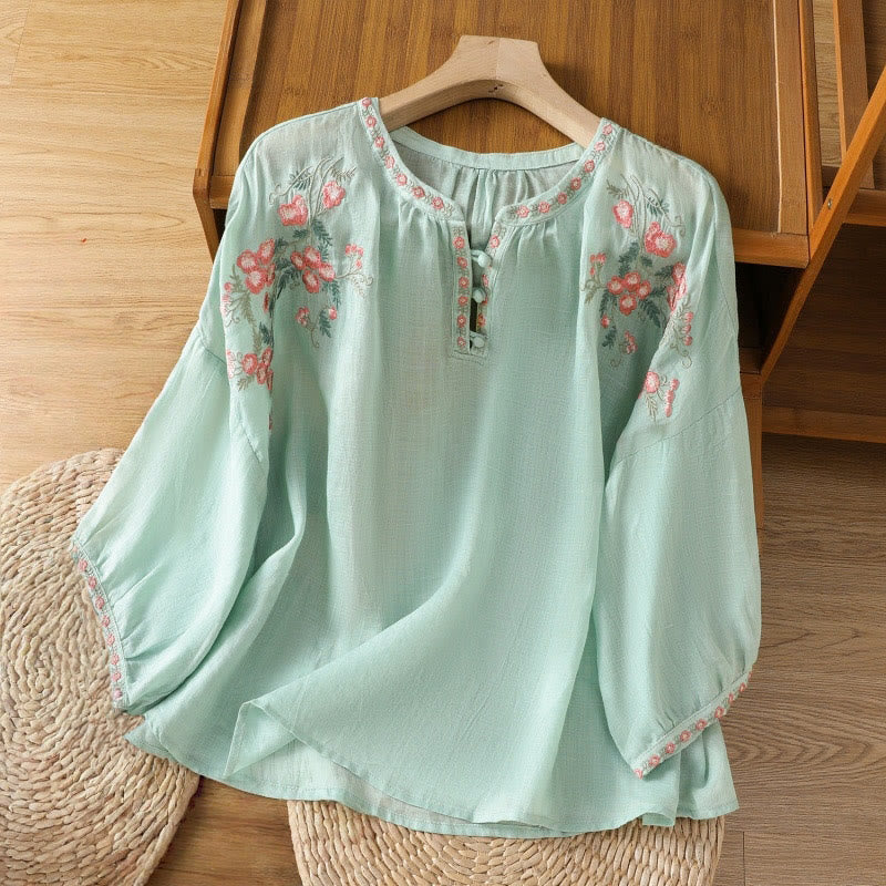 Buddha Stones Embroidery Button Three Quarter Sleeve Notched Neck Women's Cotton Shirt - Aquamarine - US12,UK/AU16,EU44 (2XL) - image 24