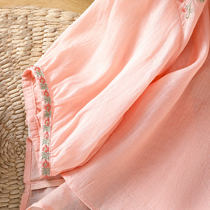 Buddha Stones Embroidery Button Three Quarter Sleeve Notched Neck Women's Cotton Shirt - image 12