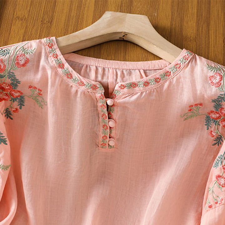 Buddha Stones Embroidery Button Three Quarter Sleeve Notched Neck Women's Cotton Shirt - image 9