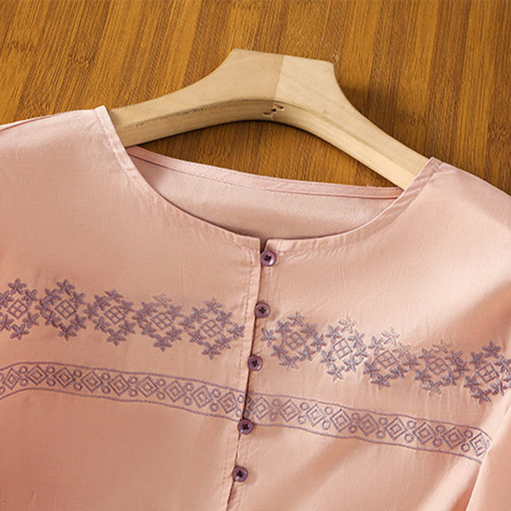 Buddha Stones Embroidery Pleated Buttons Long Lantern Sleeve Women's Cotton Shirt - image 11