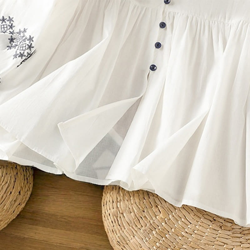 Buddha Stones Embroidery Pleated Buttons Long Lantern Sleeve Women's Cotton Shirt - image 8