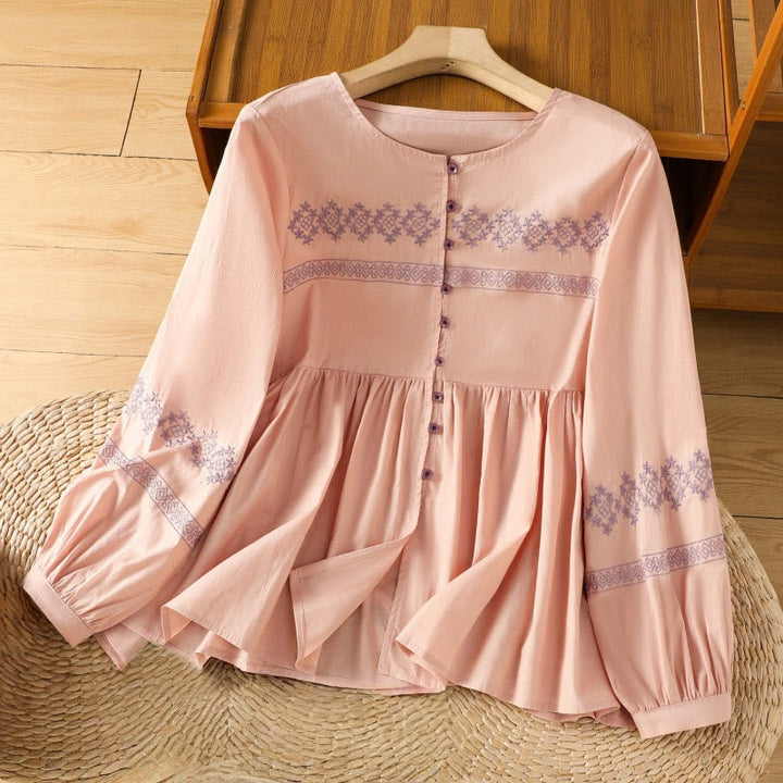 Buddha Stones Embroidery Pleated Buttons Long Lantern Sleeve Women's Cotton Shirt - LightSalmon - US12,UK/AU16,EU44 (2XL) - image 9
