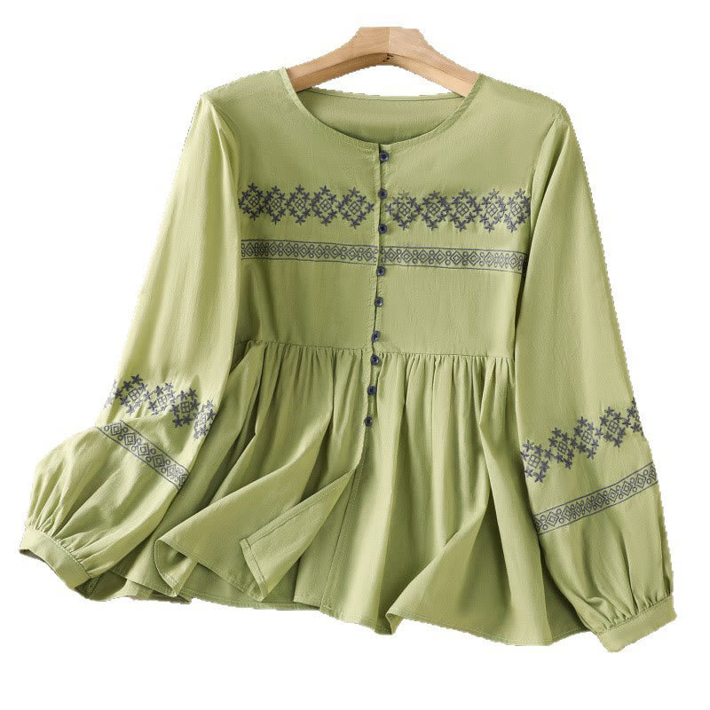 Buddha Stones Embroidery Pleated Buttons Long Lantern Sleeve Women's Cotton Shirt - image 28