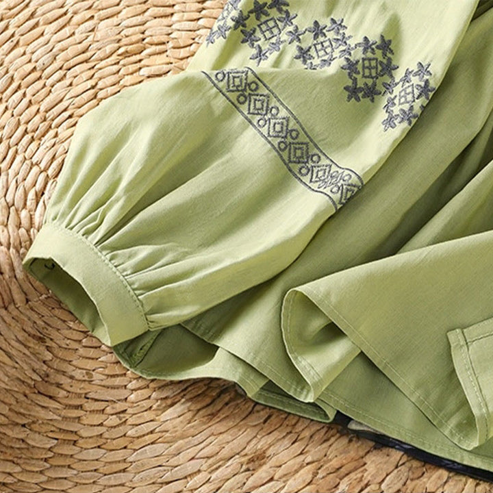 Buddha Stones Embroidery Pleated Buttons Long Lantern Sleeve Women's Cotton Shirt - image 25