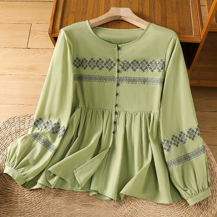Buddha Stones Embroidery Pleated Buttons Long Lantern Sleeve Women's Cotton Shirt - YellowGreen - US12,UK/AU16,EU44 (2XL) - image 19