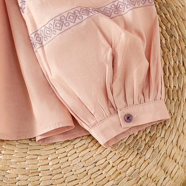 Buddha Stones Embroidery Pleated Buttons Long Lantern Sleeve Women's Cotton Shirt - image 16