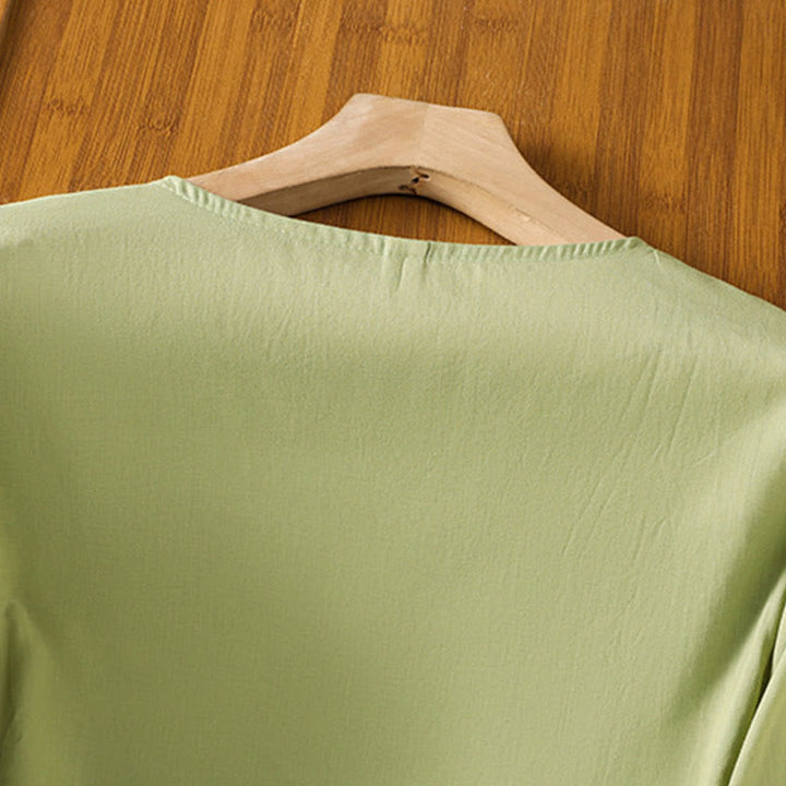 Buddha Stones Embroidery Pleated Buttons Long Lantern Sleeve Women's Cotton Shirt - image 23