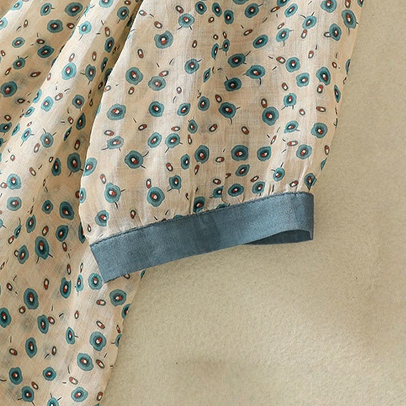 Buddha Stones Printing Floral Buttons Color Contrast Half Sleeve Women's Shirt - image 12