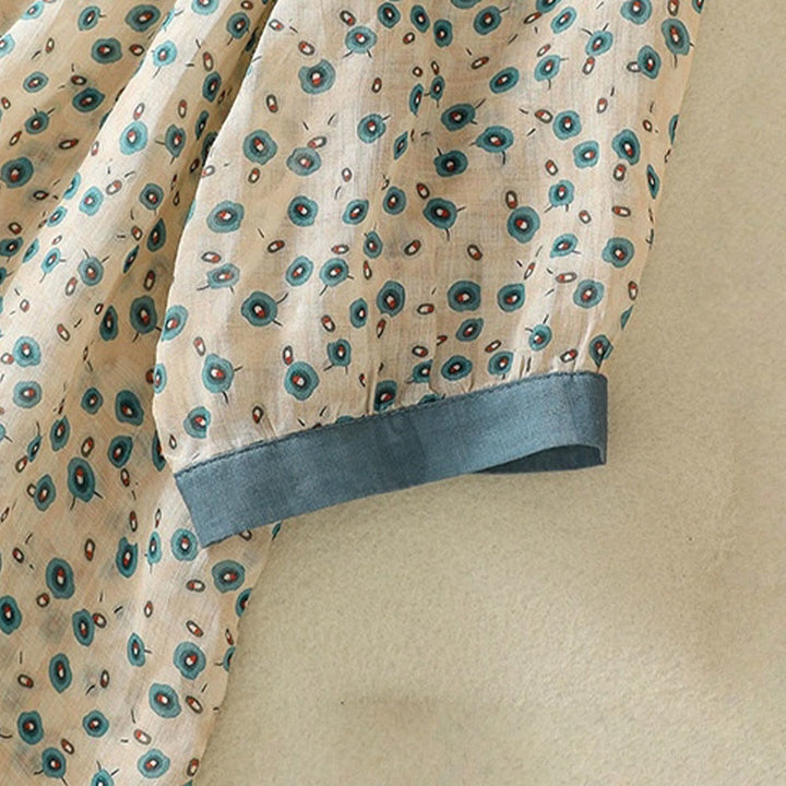 Buddha Stones Printing Floral Buttons Color Contrast Half Sleeve Women's Shirt - image 12