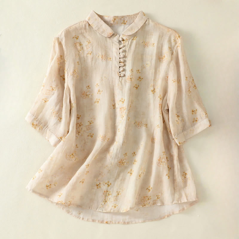 Buddha Stones Printing Frog-Buttons Lapel Half Sleeve Women's Cotton Shirt - LemonChiffon - US8-10,UK/AU12-14,EU40-42 (2XL) - image 8