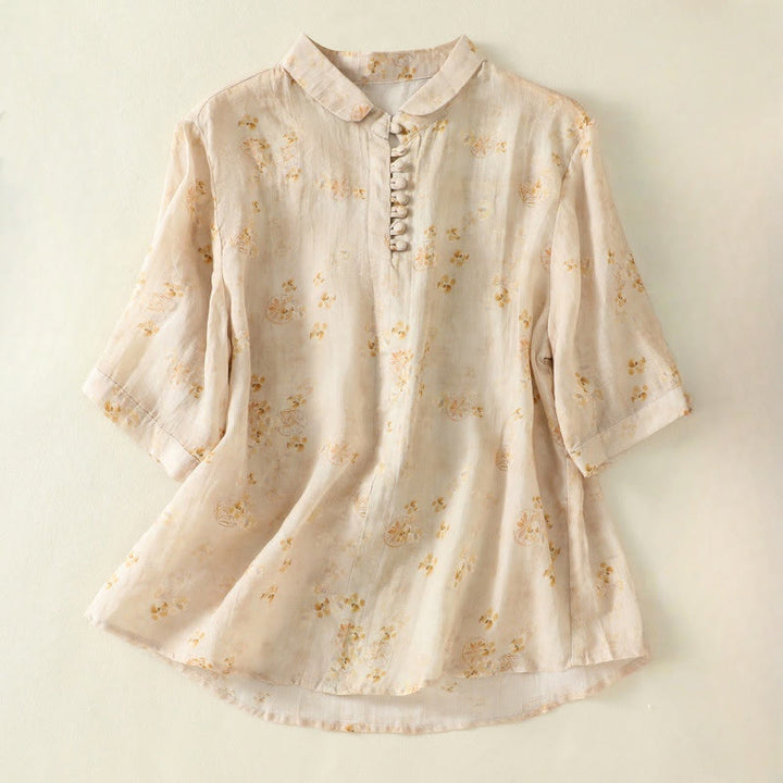 Buddha Stones Printing Frog-Buttons Lapel Half Sleeve Women's Cotton Shirt - LemonChiffon - US8-10,UK/AU12-14,EU40-42 (2XL) - image 8