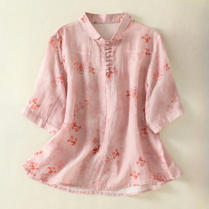 Buddha Stones Printing Frog-Buttons Lapel Half Sleeve Women's Cotton Shirt - LightCoral - US8-10,UK/AU12-14,EU40-42 (2XL) - image 0