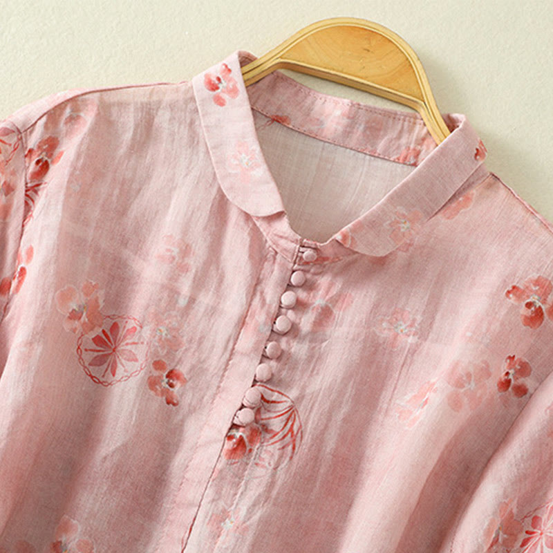 Buddha Stones Printing Frog-Buttons Lapel Half Sleeve Women's Cotton Shirt - image 2