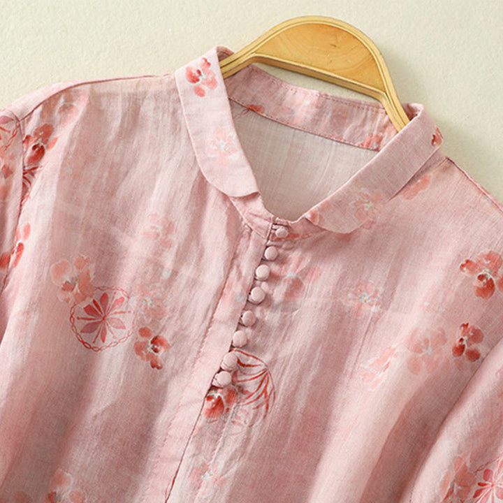 Buddha Stones Printing Frog-Buttons Lapel Half Sleeve Women's Cotton Shirt - image 2