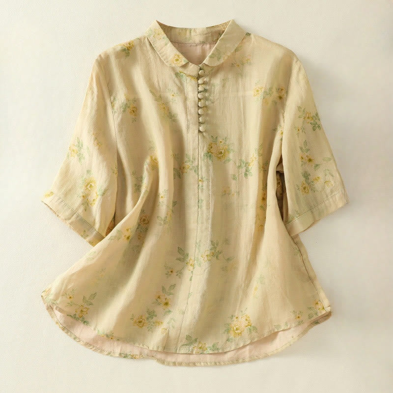 Buddha Stones Printing Frog-Buttons Lapel Half Sleeve Women's Cotton Shirt - Khaki - US8-10,UK/AU12-14,EU40-42 (2XL) - image 16