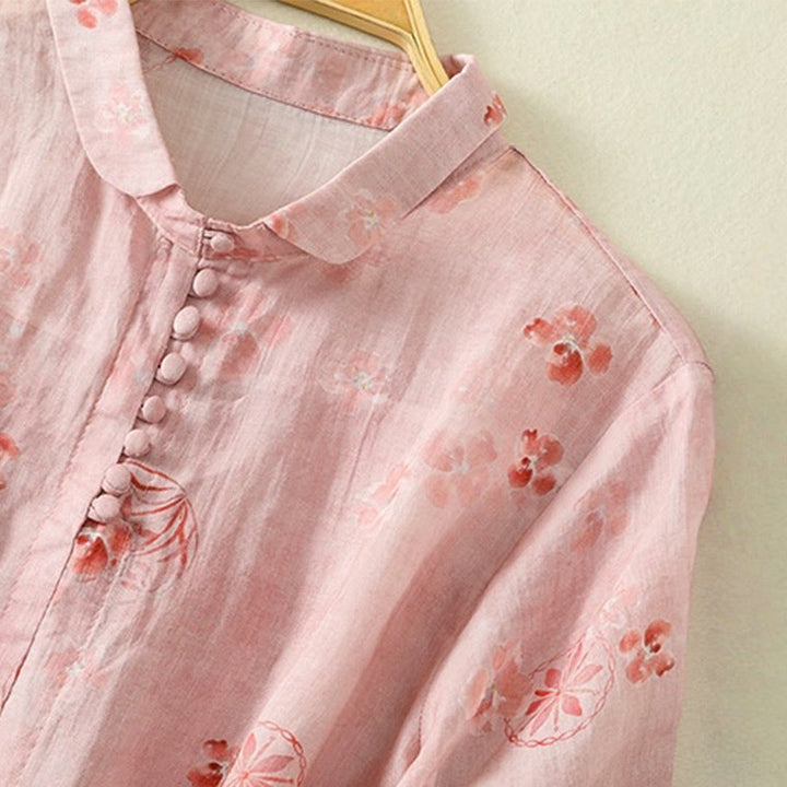 Buddha Stones Printing Frog-Buttons Lapel Half Sleeve Women's Cotton Shirt - image 3