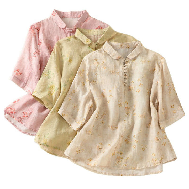 Buddha Stones Printing Frog-Buttons Lapel Half Sleeve Women's Cotton Shirt - image 24