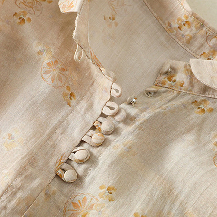 Buddha Stones Printing Frog-Buttons Lapel Half Sleeve Women's Cotton Shirt - image 12