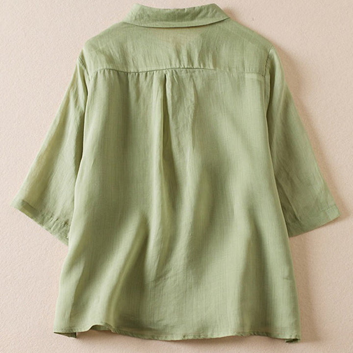 Buddha Stones Retro Plain Fake Two Pieces Button Half Sleeve Design Women's Cotton Linen Shirt - image 19