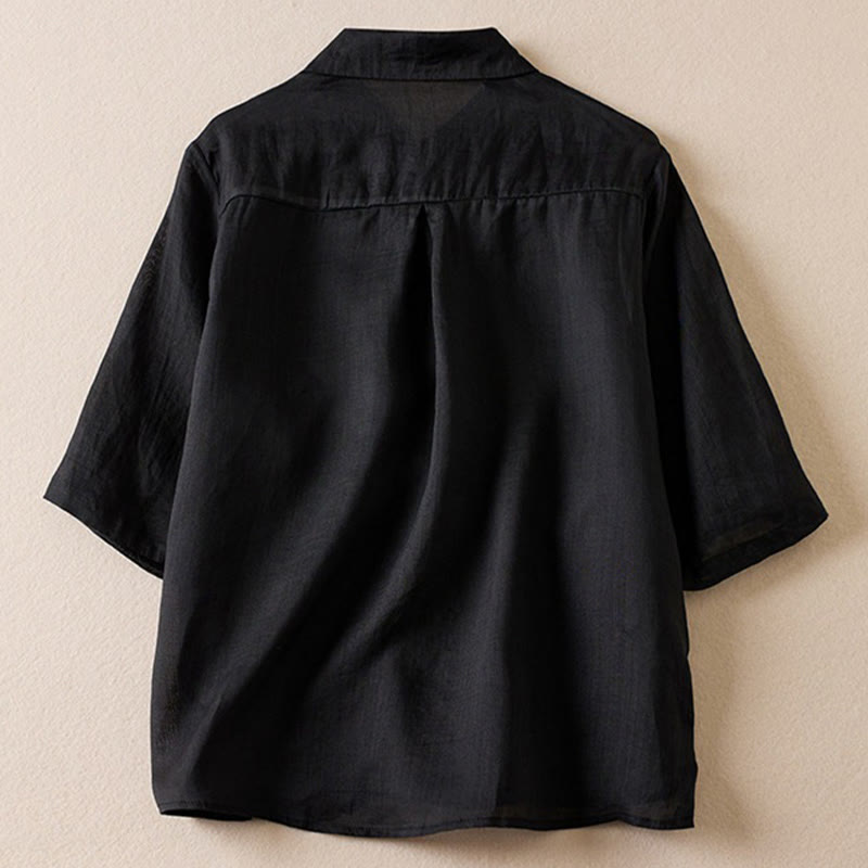 Buddha Stones Retro Plain Fake Two Pieces Button Half Sleeve Design Women's Cotton Linen Shirt - Black - US12,UK/AU16,EU44 (2XL) - image 27