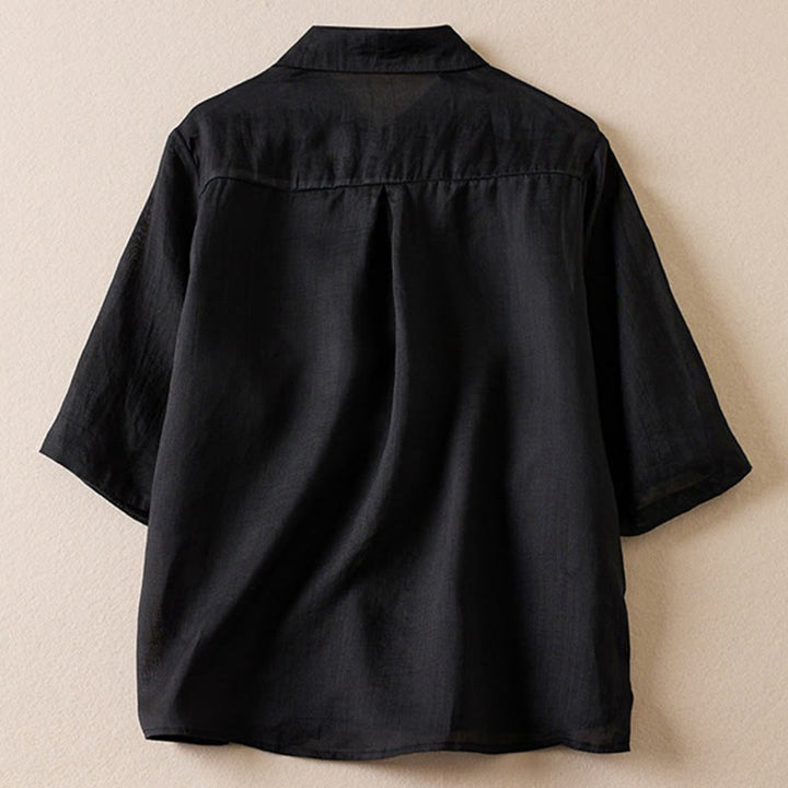 Buddha Stones Retro Plain Fake Two Pieces Button Half Sleeve Design Women's Cotton Linen Shirt - Black - US12,UK/AU16,EU44 (2XL) - image 27