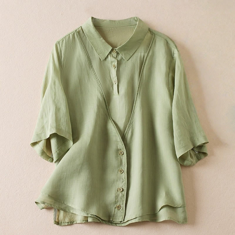 Buddha Stones Retro Plain Fake Two Pieces Button Half Sleeve Design Women's Cotton Linen Shirt - LightGreen - US12,UK/AU16,EU44 (2XL) - image 18