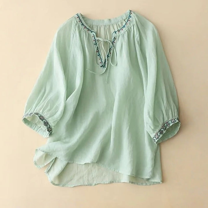 Buddha Stones Summer Embroided Three Quarter Lantern Sleeve Women's Cotton Linen T-Shirt - Aquamarine - US14,UK/AU18,EU46 (3XL) - image 0