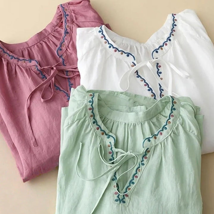 Buddha Stones Summer Embroided Three Quarter Lantern Sleeve Women's Cotton Linen T-Shirt - image 16