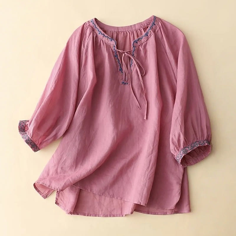 Buddha Stones Summer Embroided Three Quarter Lantern Sleeve Women's Cotton Linen T-Shirt - PaleVioletRed - US14,UK/AU18,EU46 (3XL) - image 11