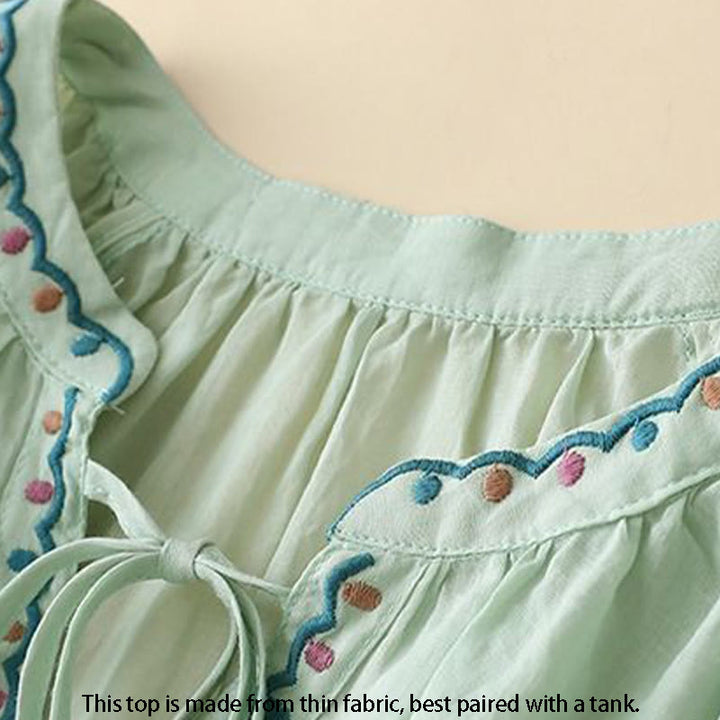 Buddha Stones Summer Embroided Three Quarter Lantern Sleeve Women's Cotton Linen T-Shirt - image 1