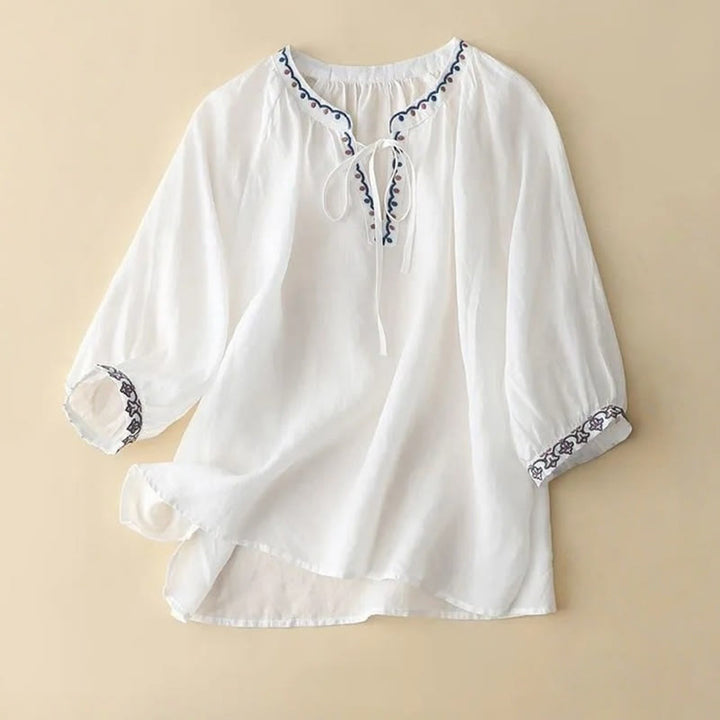 Buddha Stones Summer Embroided Three Quarter Lantern Sleeve Women's Cotton Linen T-Shirt - White - US14,UK/AU18,EU46 (3XL) - image 4