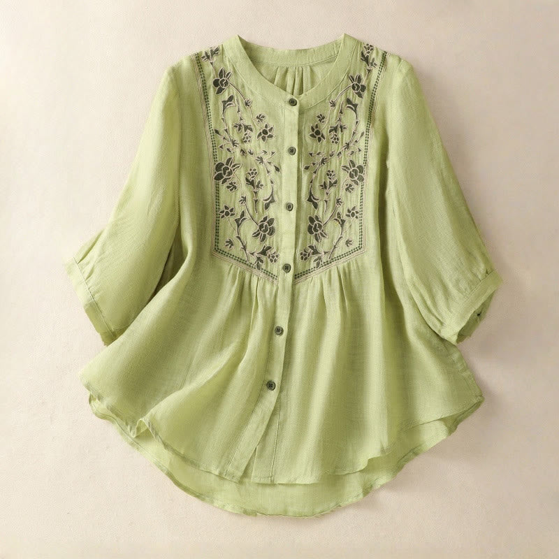 Buddha Stones Embroidery Single Breasted Women's Cotton Linen Three Quarter Sleeve Shirt - LightGreen - US12,UK/AU16,EU44 (2XL) - image 0