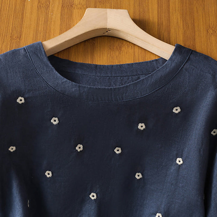 Buddha Stones Plain Embroided Floral Half Sleeve Women's T-Shirt - image 2