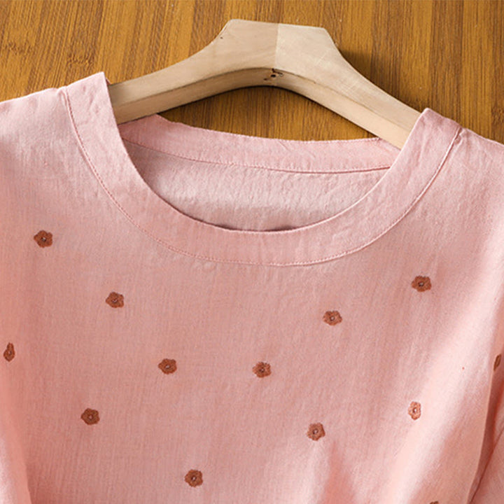 Buddha Stones Plain Embroided Floral Half Sleeve Women's T-Shirt - image 8