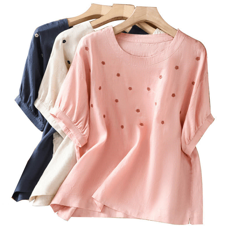 Buddha Stones Plain Embroided Floral Half Sleeve Women's T-Shirt - image 24