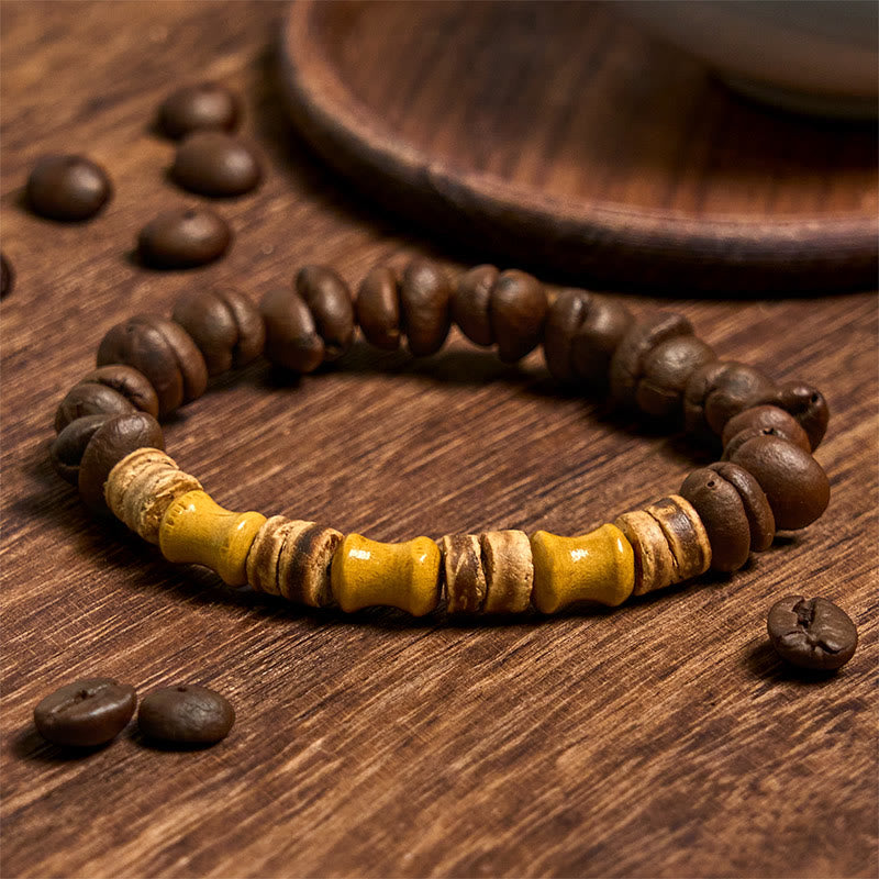 Buddha Stones Handmade Natural Coffee Beans Coconut Shell Bamboo Jade Positive Bracelet - Coffee Beans(Wrist Circumference 14-17cm) - image 0