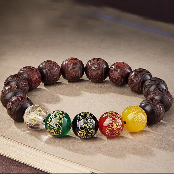 Buddha Stones Small Leaf Red Sandalwood Five Directions Gods of Wealth Calm Bracelet - 12mm - image 0