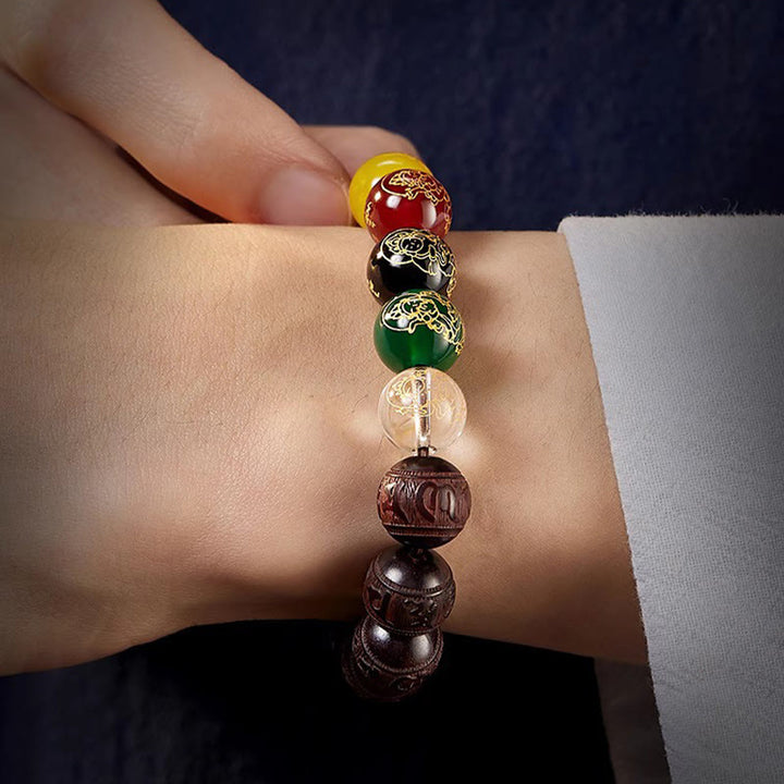 Buddha Stones Small Leaf Red Sandalwood Five Directions Gods of Wealth Calm Bracelet - image 13