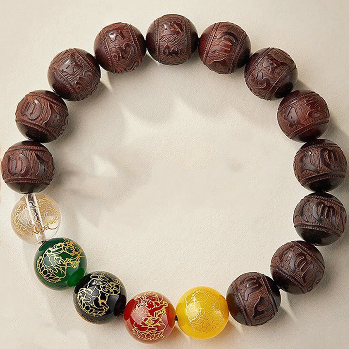 Buddha Stones Small Leaf Red Sandalwood Five Directions Gods of Wealth Calm Bracelet - 15mm - image 9