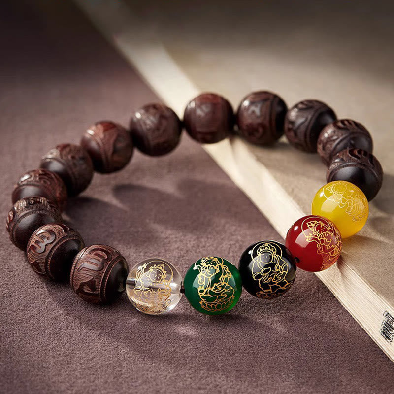 Buddha Stones Small Leaf Red Sandalwood Five Directions Gods of Wealth Calm Bracelet - image 4