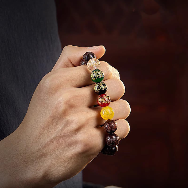 Buddha Stones Small Leaf Red Sandalwood Five Directions Gods of Wealth Calm Bracelet - image 12