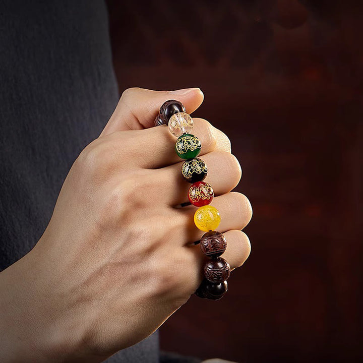 Buddha Stones Small Leaf Red Sandalwood Five Directions Gods of Wealth Calm Bracelet - image 12