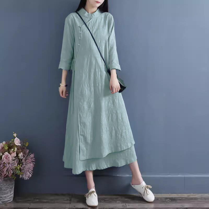Buddha Stones Spring Casual Plain Frog-Button Design Side Lace-Up Cotton Linen Midi Dress - CornflowerBlue - US8-10,UK/AU12-14,EU40-42 (2XL) - image 7