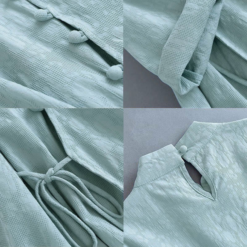 Buddha Stones Spring Casual Plain Frog-Button Design Side Lace-Up Cotton Linen Midi Dress - image 12